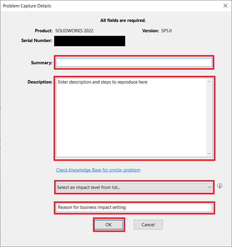 problem capture details window